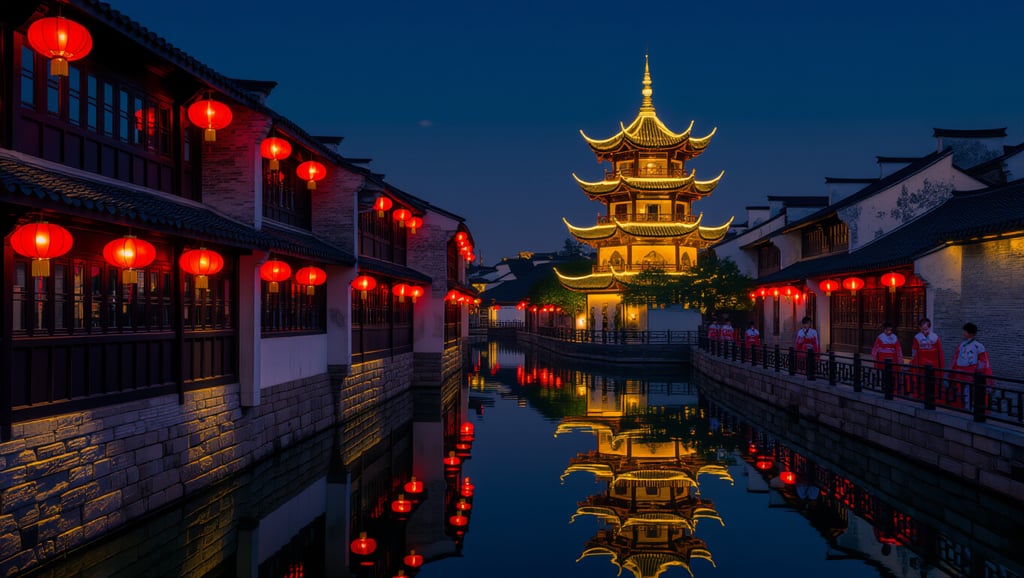 상하이 근교 우전 수향마을 투어: 동서책 비교부터 야경 명소까지 5 🌃 우전의 밤을 수놓는 황홀한 야경, 놓치지 마세요!